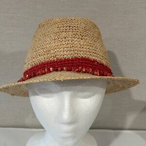 Womens WALLAROO Tahiti Raffia / Straw Fedora with Pink Beads Trim Adjustable Hat